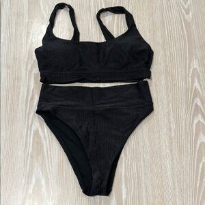 Aerie Black Ribbed Bikini Set high rise shine size M medium